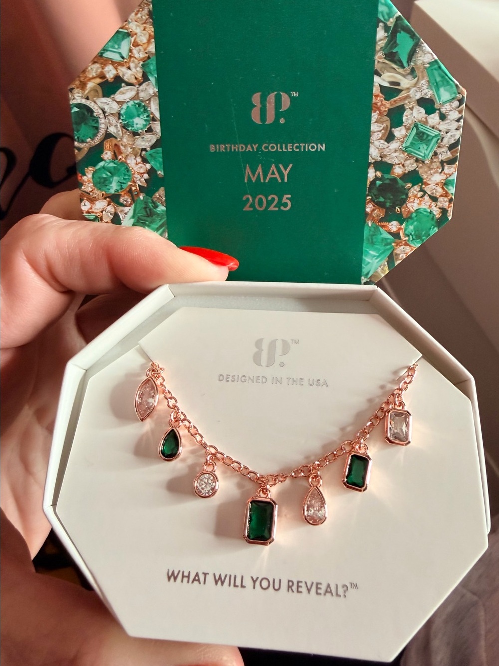 BP 2025 May Necklace Dazzling Green Goddess Rose Gold Charm - Smoke Free